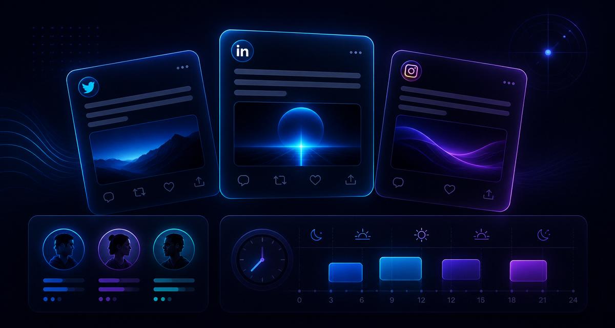 LaPeTo interface concept: three platform copy options alongside estimated audience profiles and posting windows